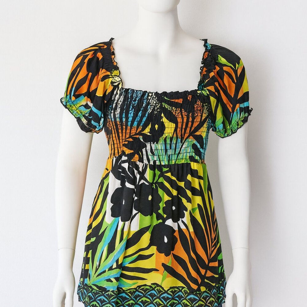 RQT Top Size Large 90s Y2K Vintage Floral Colorful Babydoll Style Rainbow Smock